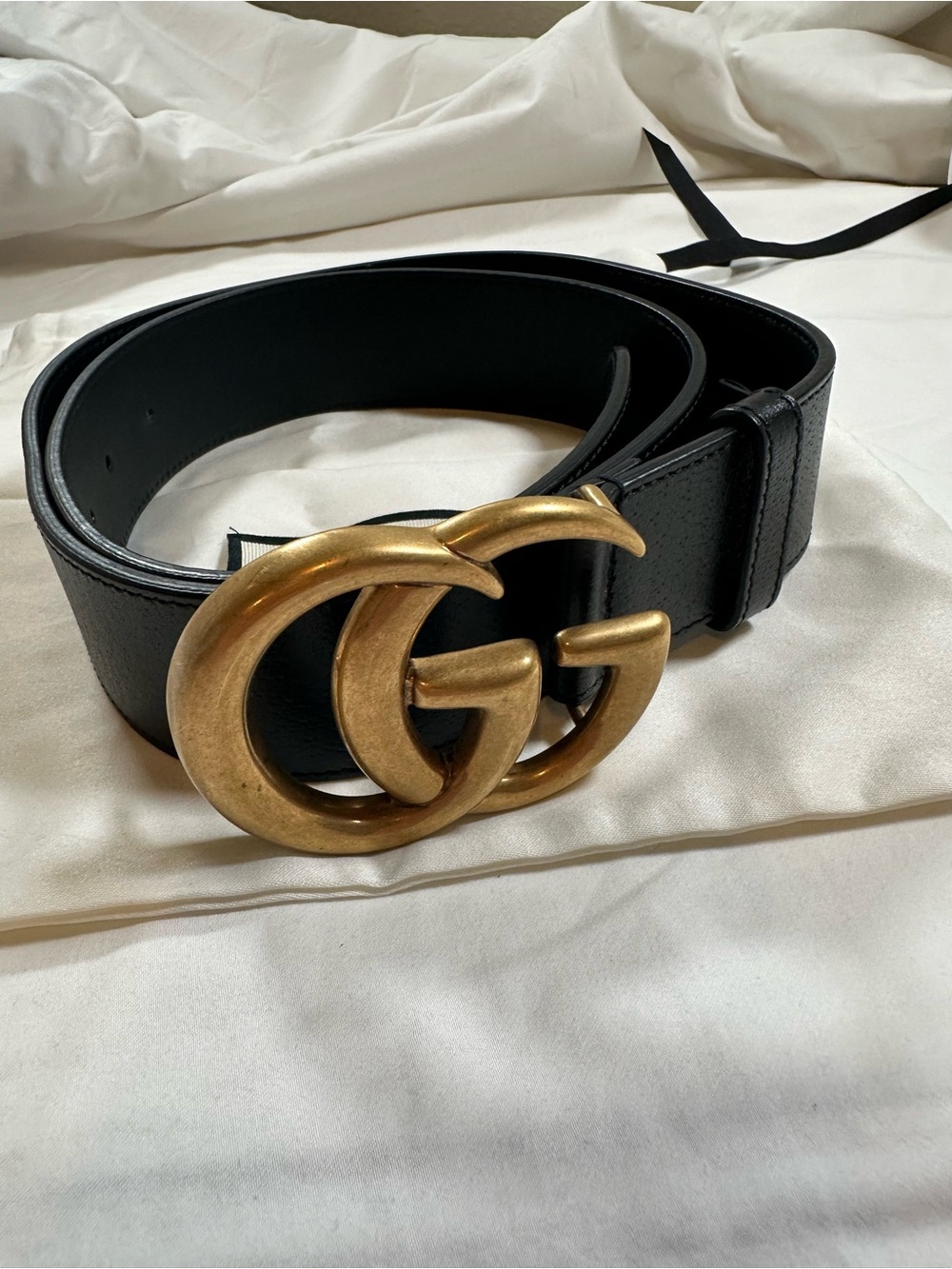 Gucci Marmont Double G Belt Black Leather Antique Gold Buckle Size 90/36 406831